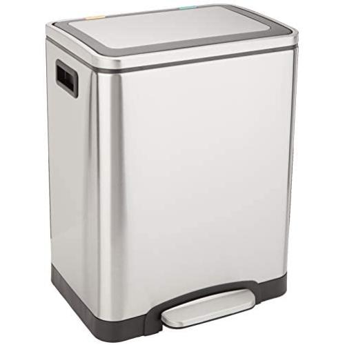 Amazon Basics 30L Dual Bin Soft-Close Trash can with Foot Pedal - 2 x 15 Liter Bins, Stainless Steel