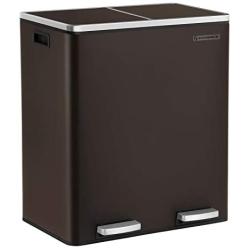 SONGMICS Trash Garbage Can, 16 Gal (60L) Rubbish, Metal Step Bin, with Dual Compartments, Plastic Inner Buckets and Hinged Lids, Handles, Soft Closure, Airtight, Brown ULTB60BR