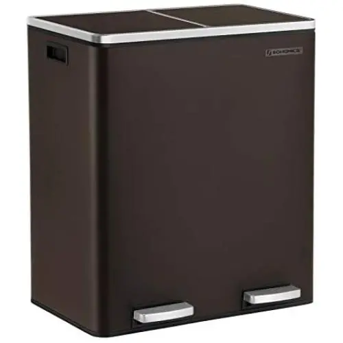 SONGMICS Trash Garbage Can, 16 Gal (60L) Rubbish, Metal Step Bin, with Dual Compartments, Plastic Inner Buckets and Hinged Lids, Handles, Soft Closure, Airtight, Brown ULTB60BR SONGMICS Trash Garbage Can, 16 Gal (60L) Rubbish, Metal Step Bin, with Dual Compartments, Plastic Inner Buckets and Hinged Lids, Handles, Soft Closure, Airtight, Brown ULTB60BR