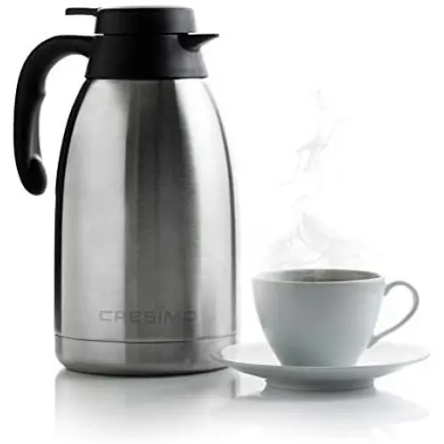 Cresimo 68 Oz Stainless Steel Thermal Coffee Carafe / Double Walled Vacuum Flask / 12 Hour Heat Retention / 2 Liter Tea, Water, and Coffee Dispenser Cresimo 68 Oz Stainless Steel Thermal Coffee Carafe / Double Walled Vacuum Flask / 12 Hour Heat Retention / 2 Liter Tea, Water, and Coffee Dispenser