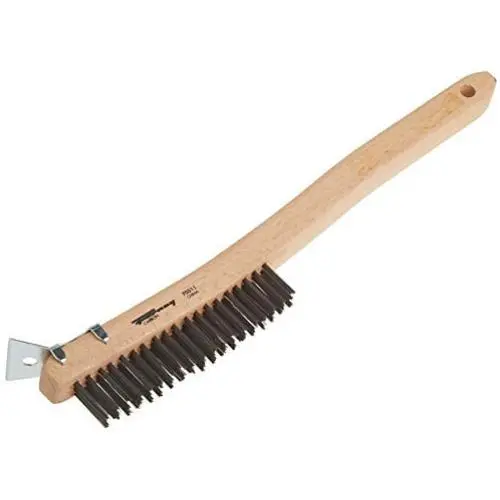 Forney 70521 Wire Scratch Brush, Stainless Steel with Curved Wood Handle, 13-3/4-Inch-by-.013-Inch