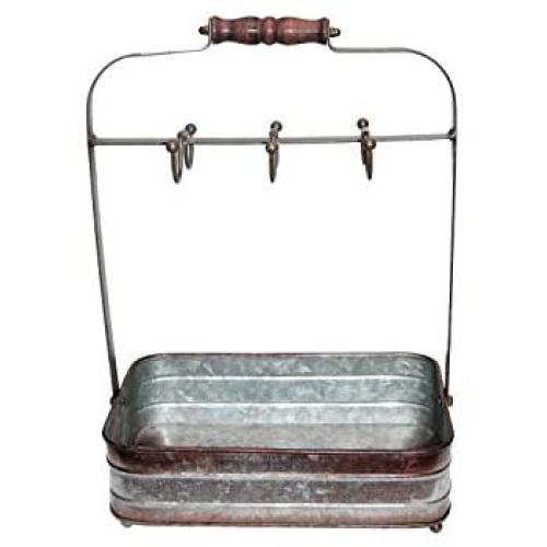 Benzara BM177866 Rustic Galvanized Metal Crockery Holder with Cup Hooks, Gray