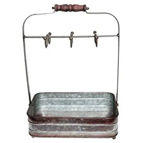 Benzara BM177866 Rustic Galvanized Metal Crockery Holder with Cup Hooks, Gray