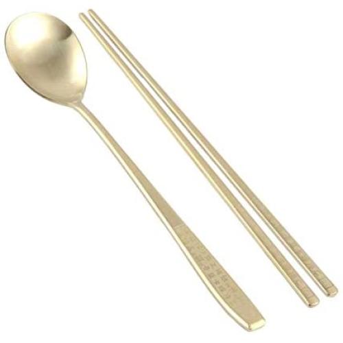 Korean Chopsticks Spoon Set 100% METAL STAINLESS STEEL Printed Hangul Characters Titanium Gold Plating (Gold-Hangul)