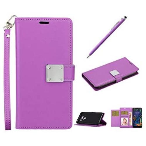 swp for LG Harmony 4 Case, LG Harmony 4 Wallet Case w/Wristlet Magnetic Metal Snap, Folio Flip Leather Cover w/Kickstand [6 Credit Card Slots], Protective Case w/Stylus Pen for K41 (Purple)