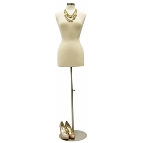 Female Mannequin Dress Form Torso with Round Metal Base and Neck Cap - Off White Premium Fully Pinnable Womens Dress Form #F6/8W+BS-04