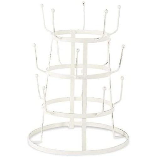 DII 5464 3 Tier Countertop or Pantry Vintage Metal Wire Tree Stand for Coffee, Glasses, and Cups, 15 Mug Capacity, Antique, 9.5''D x 12.8''H, Distressed White