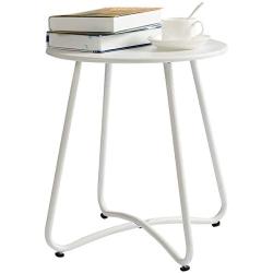 HollyHOME Small Round Patio Metal Side Snack Table, Accent Anti-Rust Steel Coffee Table for Garden, Modern Weatherproof Outdoor End Table, (H) 17.55'' x(D) 15.60'', White