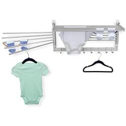 brightmaison Space Saver Wall Mounted Laundry Clothes Drying Rack with Hooks and Swing Arms Metal Silver Space Saver