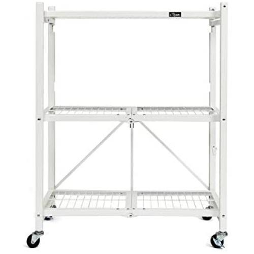 Origami Rack 3 Tier Foldable Storage Rolling Cart Metal Wire Organizer Shelves | Small Portable Pre-Assembled with wheels | 29'' W x 13'' D x 35.5'' H | R3 Series White