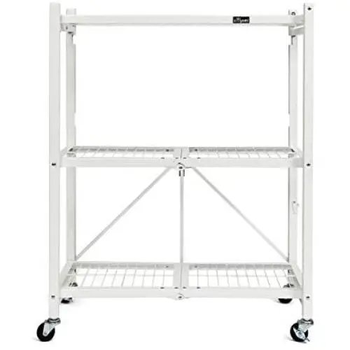 Origami Rack 3 Tier Foldable Storage Rolling Cart Metal Wire Organizer Shelves | Small Portable Pre-Assembled with wheels | 29'' W x 13'' D x 35.5'' H | R3 Series White