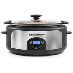 Elite Gourmet Glas Slow Cooker with Adjustable Temp, Entrees, Sauces, Stews & Dips, Dishwasher Safe Glass Lid & Crock, 6 Quart, Stainless Steel