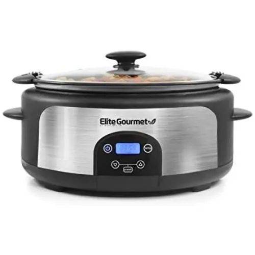 Elite Gourmet Glas Slow Cooker with Adjustable Temp, Entrees, Sauces, Stews & Dips, Dishwasher Safe Glass Lid & Crock, 6 Quart, Stainless Steel Elite Gourmet Glas Slow Cooker with Adjustable Temp, Entrees, Sauces, Stews & Dips, Dishwasher Safe Glass Lid & Crock, 6 Quart, Stainless Steel
