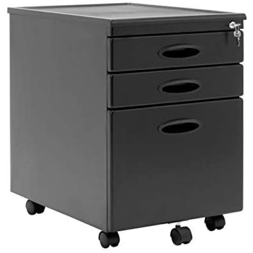 Calico Designs Metal Full Extension, Locking, 3-Drawer Mobile File Cabinet Assembled (Except Casters) for Legal or Letter Files with Supply Organizer Tray in Black