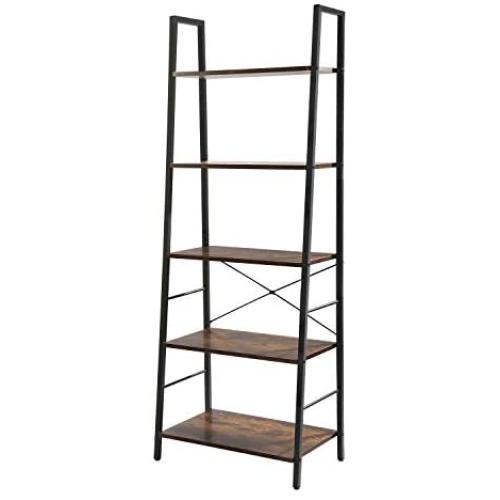 CHADIOR Ladder Bookshelf, 5-Tier Industrial, Freestanding Tall Wooden and Metal Frame Shelf, Narrow Etagere Bedroom and Living Room Easy Assembly Bookcases, Rustic Brown