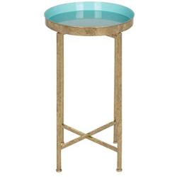 Kate and Laurel Celia Round Foldable Tray Accent Table, 14'' x 14'' x 25.75'', Light Teal and Gold, Modern Minimalist Design and Magnetic Tabletop