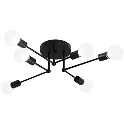 Unitary Brand Art Deco Black Metal Sputnik Design Semi Flush Mount Ceiling Light with 6 E26 Bulb Sockets 360W Painted Finish