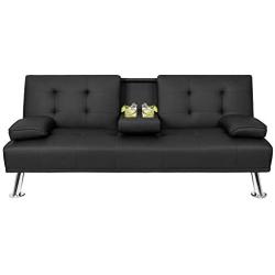 Pawnova Futon Sofa Bed, Modern Faux Leather Convertible Folding Lounge Couch for Living Room with 2 Cup Holders Removable Soft Armrest and Sturdy Metal Legs, Black