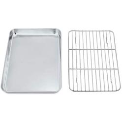 P&P CHEF Toaster Oven Tray and Rack Set, Stainless Steel Baking Pan with Cooling Rack, Fit Your Small Oven & Single Person Use, Non Toxic & Easy Clean