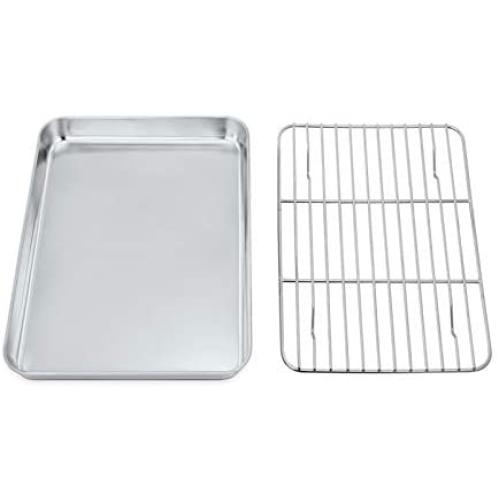 P&P CHEF Toaster Oven Tray and Rack Set, Stainless Steel Baking Pan with Cooling Rack, Fit Your Small Oven & Single Person Use, Non Toxic & Easy Clean