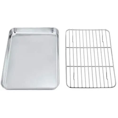 P&P CHEF Toaster Oven Tray and Rack Set, Stainless Steel Baking Pan with Cooling Rack, Fit Your Small Oven & Single Person Use, Non Toxic & Easy Clean