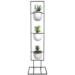 Indoor Metal Vertical Plant Stand with 3 White Ceramic Pots, Iron Flower Pot Holder Rack, Outdoor Decor, Potted Steel Planter Garden Container Display, 23 Bees