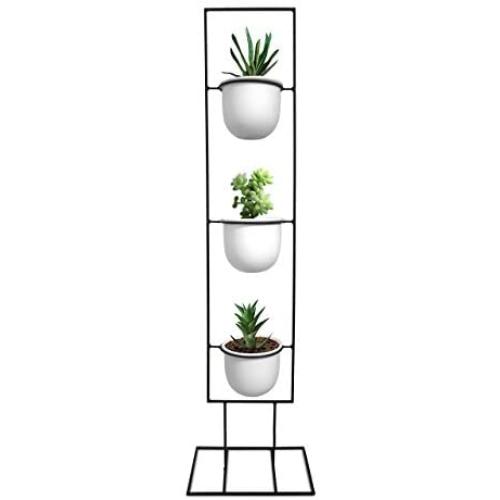 Indoor Metal Vertical Plant Stand with 3 White Ceramic Pots, Iron Flower Pot Holder Rack, Outdoor Decor, Potted Steel Planter Garden Container Display, 23 Bees