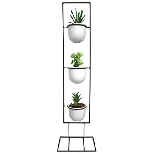 Indoor Metal Vertical Plant Stand with 3 White Ceramic Pots, Iron Flower Pot Holder Rack, Outdoor Decor, Potted Steel Planter Garden Container Display, 23 Bees Indoor Metal Vertical Plant Stand with 3 White Ceramic Pots, Iron Flower Pot Holder Rack, Outdoor Decor, Potted Steel Planter Garden Container Display, 23 Bees