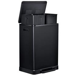 Black Stainless Steel Step Trash Can - 16 Gallon Garbage Bin with Soft Close Lid - Dual Compartment Waste Can with 30 Liters Capacity in Each - Recycling Bin by ToiletTree Products