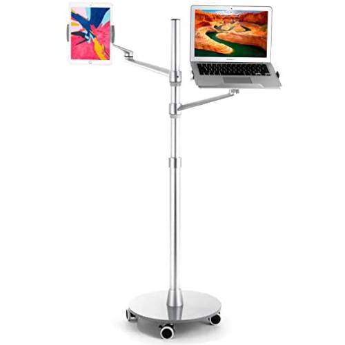 Magichold Height Adjustable Laptop Tablet Stand Mount with Double arms and Base Rolling Wheel for Laptop (11-17 inch) and Compatible with iPad Pro 12.9 inch / Tablet / Ereader