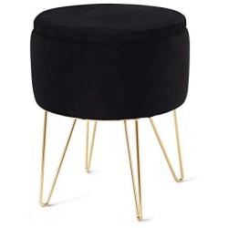 Wimarsbon Modern Storage Ottoman, Round Velvet Footstool with Removable Lid, Golden Metal Legs Vanity Seat-Black