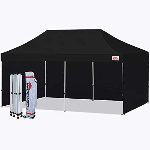 MASTERCANOPY Ez Pop-up Canopy Tent 10x20 Commercial Instant Canopies with 4 Removable Side Walls,2 Door Wall and Roller Bag, Bonus 6 SandBags(10x20ft,Black)