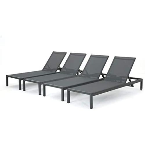 Christopher Knight Home Coral Bay Outdoor Aluminum Chaise Lounges with Mesh Seat, 4-Pcs Set, Grey / Dark Grey