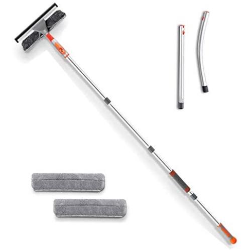 Baban Squeegee Window Cleaner 2 in 1 Window Cleaning Tool with Elbow and Straight Extension Pole, 61'' Telescopic Window Washing Equipment with Bendable Head for Car Indoor Outdoor High Windows (2 Pad)