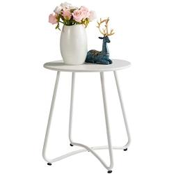 HollyHOME Small Round Patio Metal Side Snack Table, Accent Anti-Rust Steel Coffee Table for Garden, Modern Weatherproof Outdoor End Table, (H) 17.55'' x(D) 15.60'', White