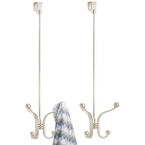 mDesign Metal Modern Long Easy Reach Over The Door Storage Organizer Rack - Hang Coats, Hoodies, Jackets, Hats, Scarves, Purses, Leashes, Towels, Robes, Clothing - 4 Hooks, 2 Pack - Satin mDesign Metal Modern Long Easy Reach Over The Door Storage Organizer Rack - Hang Coats, Hoodies, Jackets, Hats, Scarves, Purses, Leashes, Towels, Robes, Clothing - 4 Hooks, 2 Pack - Satin