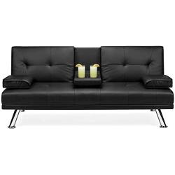 Best Choice Products Faux Leather Upholstered Modern Convertible Folding Futon Sofa Bed for Compact Living Space, Apartment, Dorm, Bonus Room w/Removable Armrests, Metal Legs, 2 Cupholders - Black