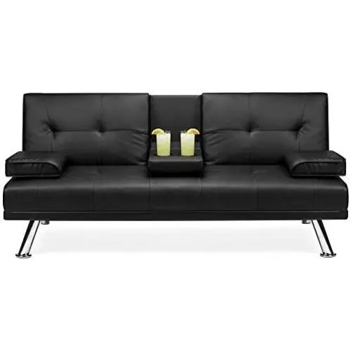 Best Choice Products Faux Leather Upholstered Modern Convertible Folding Futon Sofa Bed for Compact Living Space, Apartment, Dorm, Bonus Room w/Removable Armrests, Metal Legs, 2 Cupholders - Black Best Choice Products Faux Leather Upholstered Modern Convertible Folding Futon Sofa Bed for Compact Living Space, Apartment, Dorm, Bonus Room w/Removable Armrests, Metal Legs, 2 Cupholders - Black