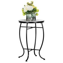 VINGLI Mosaic Outdoor Side Table, 14'' Round End Table, Accent Table,Glass Top Black Iron,White Cloud