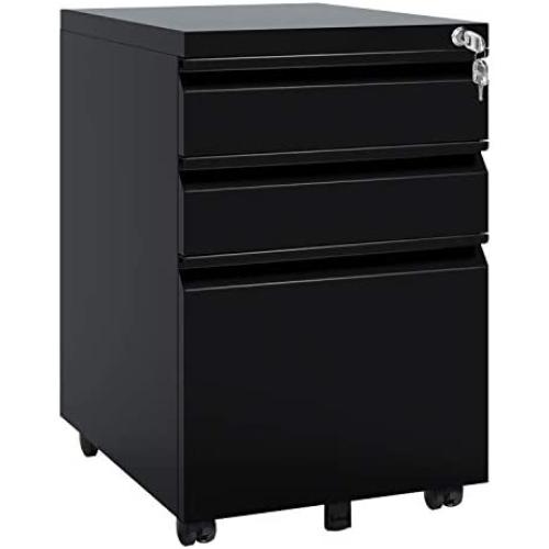 DEVAISE 3 Drawer Mobile File Cabinet with Lock, Under Desk Metal Filing Cabinet for Legal/Letter/A4 File, Fully Assembled Except Wheels, Black