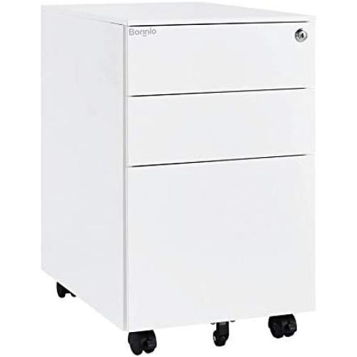 Bonnlo 3 Drawer Metal Mobile File Cabinet with Lock Rolling Steel Office Cabinet with drawers, Fully Assembled Except Casters, White