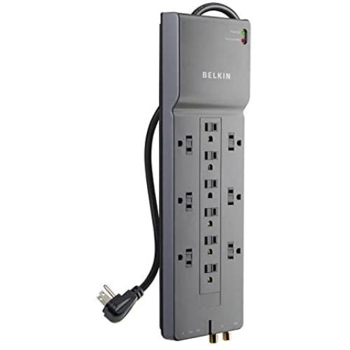 Belkin 12-Outlet Power Strip Surge Protector, 8ft Cord(3,940 Joules), Gray