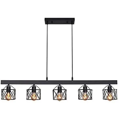 Unitary Brand Antique Black Metal Long Kitchen Island Lighting with 5 E26 Bulb Sockets 200W Painted Finish