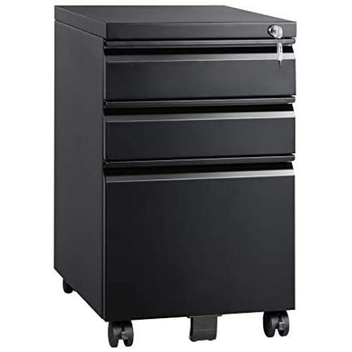 DEVAISE 3 Drawer Mobile File Cabinet with Lock, Metal Filing Cabinet Legal/Letter Size, Fully Assembled except Wheels, Black