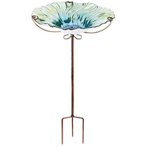 VCUTEKA Outdoor Bird Bath Glass Birdbath Garden Bird Feeder with Metal Stake (Green)