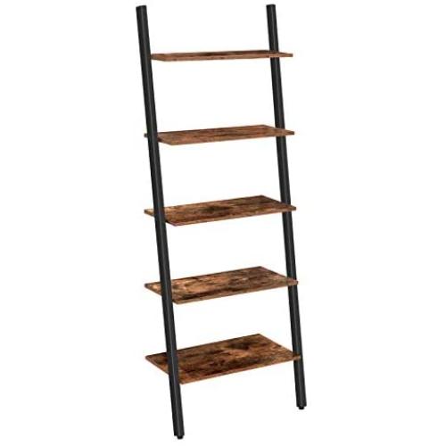 HOOBRO Ladder Shelf, 5-Tier Sloping Bookshelf, Industrial Plant Flower Stand Shelves, Leaning-Against-Wall Storage Rack for Living Room, Kitchen, Office, Metal Frame, Rustic Brown BF70CJ01