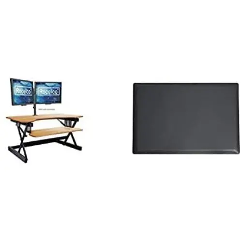 Rocelco 32'' Height Adjustable Standing Desk Converter with Anti Fatigue Mat Bundle - Sit Stand Computer Workstation Riser - Dual Monitor Retractable Keyboard Tray - Teak Wood Grain (R EADRT-MAFM) Rocelco 32'' Height Adjustable Standing Desk Converter with Anti Fatigue Mat Bundle - Sit Stand Computer Workstation Riser - Dual Monitor Retractable Keyboard Tray - Teak Wood Grain (R EADRT-MAFM)