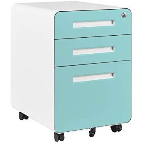 File Cabinet Mobile, Merax 3 Drawer Metal Pedestal Filing Cabinets w/ 2 Lock Keys, 5 Rolling Casters, Fully Assembled Storage for Home Office Modern Vertical Hanging Folders A4 Letter Size,Light Blue