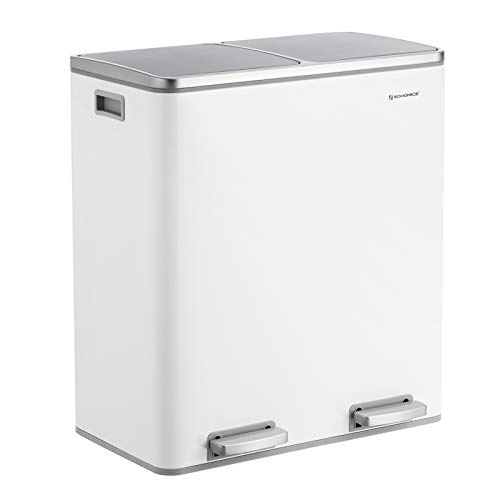 SONGMICS Dual Step Trash Can, 2 x 30L Recycle Bin, Pedal Bin with Dual Compartments, Plastic Inner Buckets and Hinged Lids, Handles, Soft Closure, Airtight, White ULTB60WT