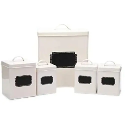Home By Jackie X321 Cream White Set of 5 Metal Food Tin Canister/Bread Bin/Container/Box/Set (Cream) Home By Jackie X321 Cream White Set of 5 Metal Food Tin Canister/Bread Bin/Container/Box/Set (Cream)